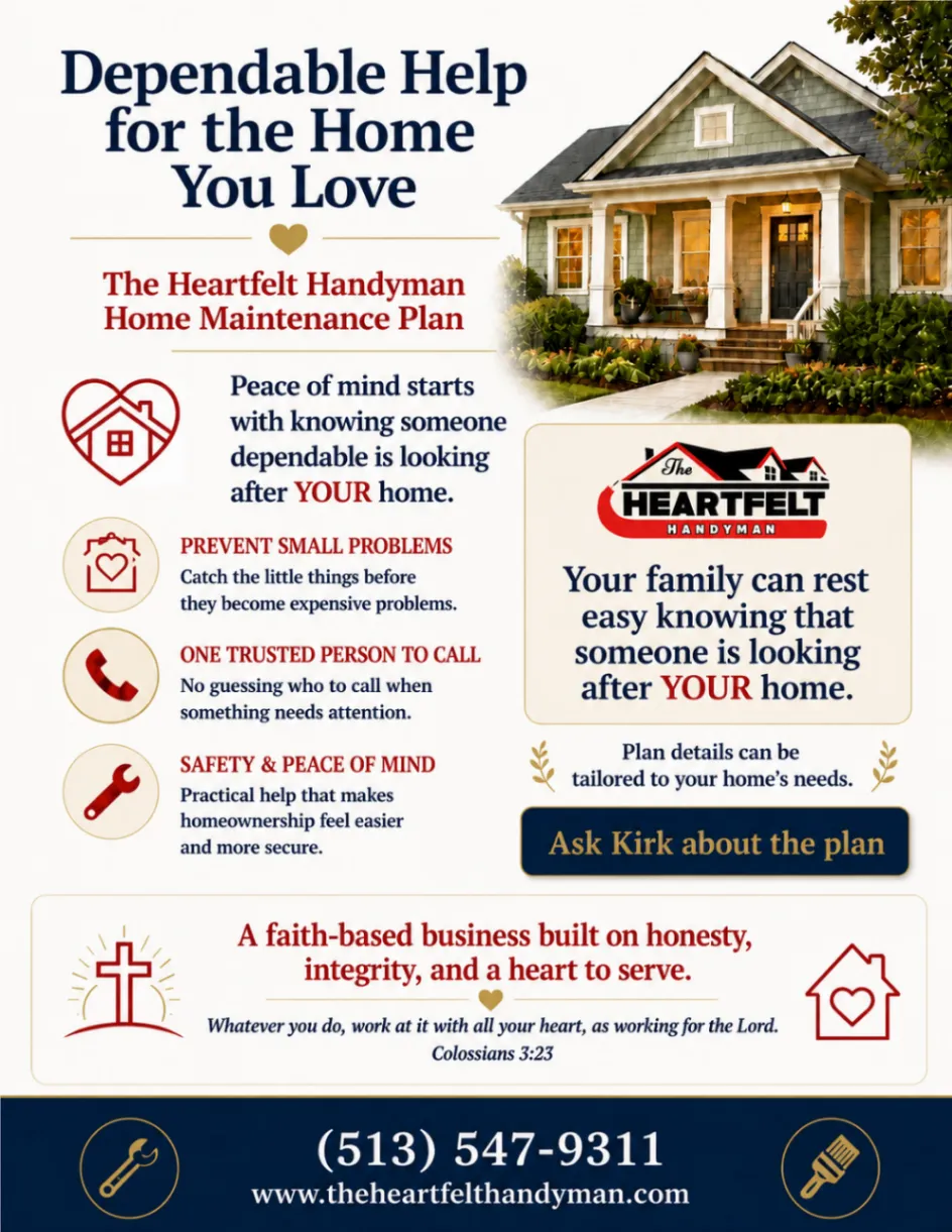The Heartfelt Handyman Home Maintenance Plan graphic showing dependable help for a loved home, three plan benefits, and a faith-centered trust message