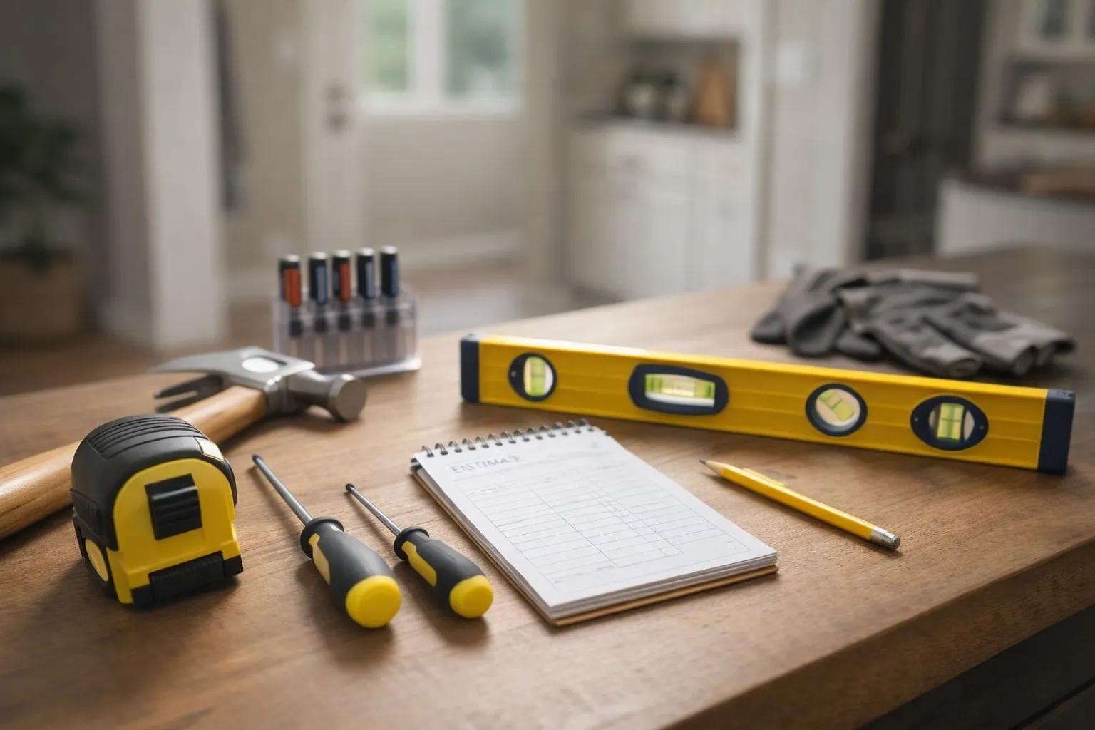 Professional handyman tools and home-repair essentials on a tidy workbench