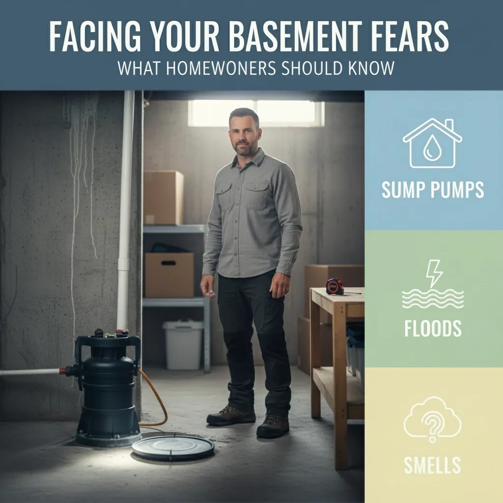 Illustrated guide about basement fears, sump pumps, floods, and smells