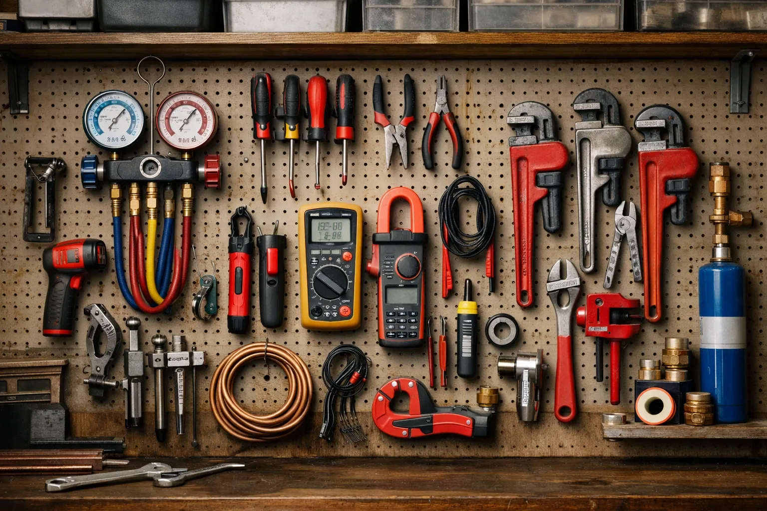 Organized workshop pegboard with HVAC, electrical, and plumbing tools showing expertise