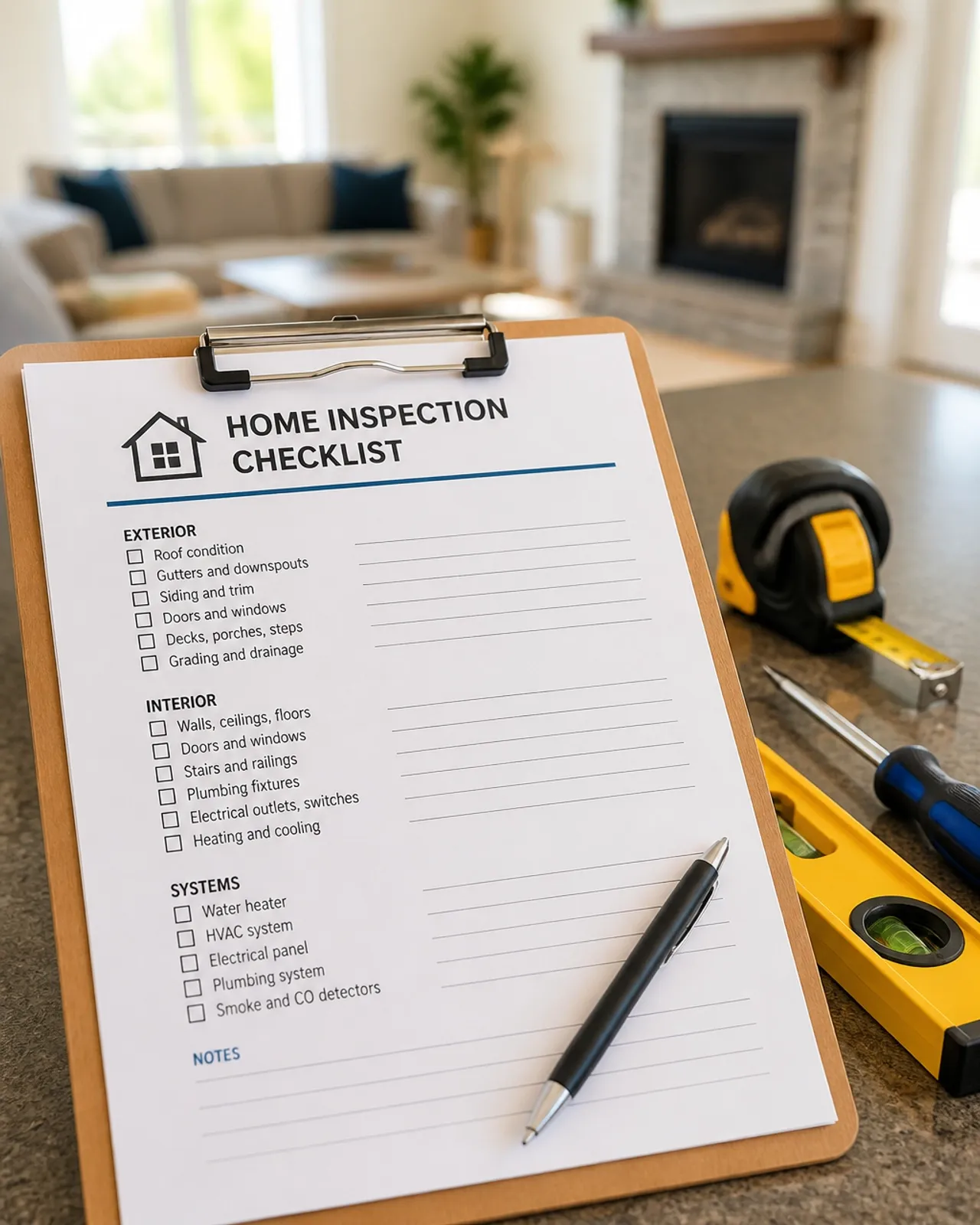 Home inspection checklist on a clipboard with tools