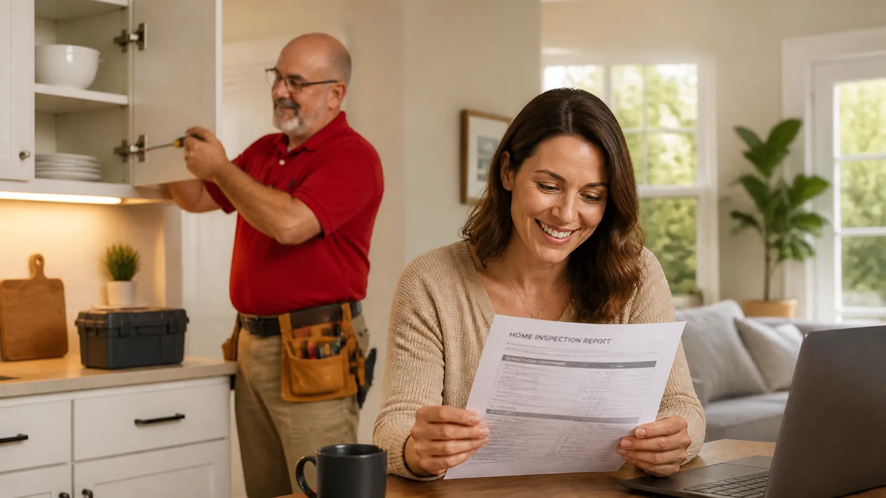 Handyman helping a homeowner with an inspection repair list