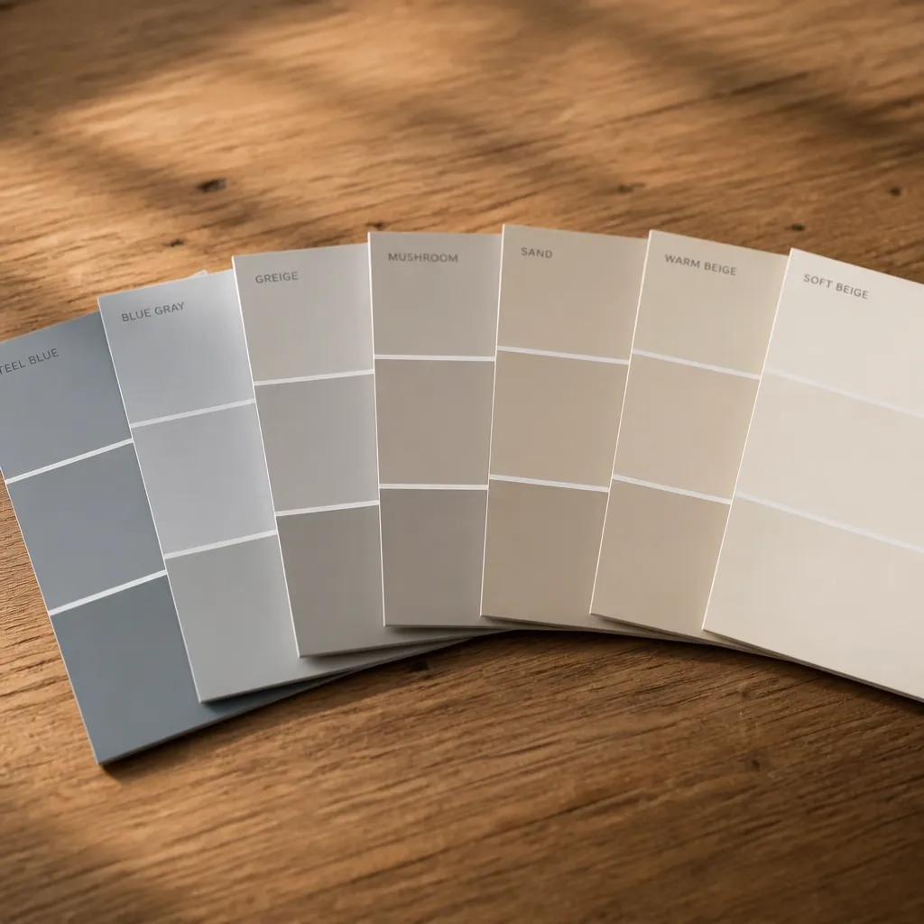 Paint swatches transitioning from cool gray to warm mushroom and sand tones