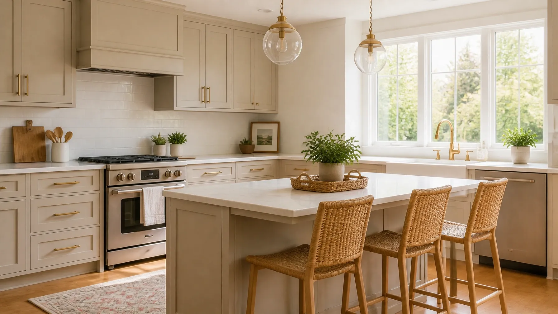A bright kitchen with warm putty-colored cabinets and brass fixtures