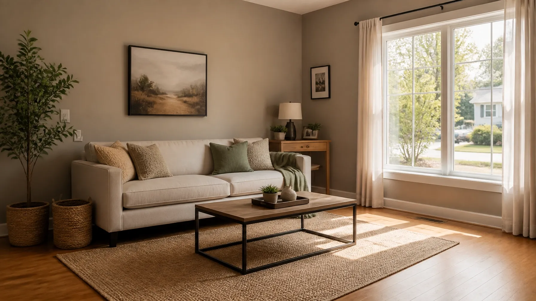 Warm-toned living room illustrating warmer paint colors for a Trenton home