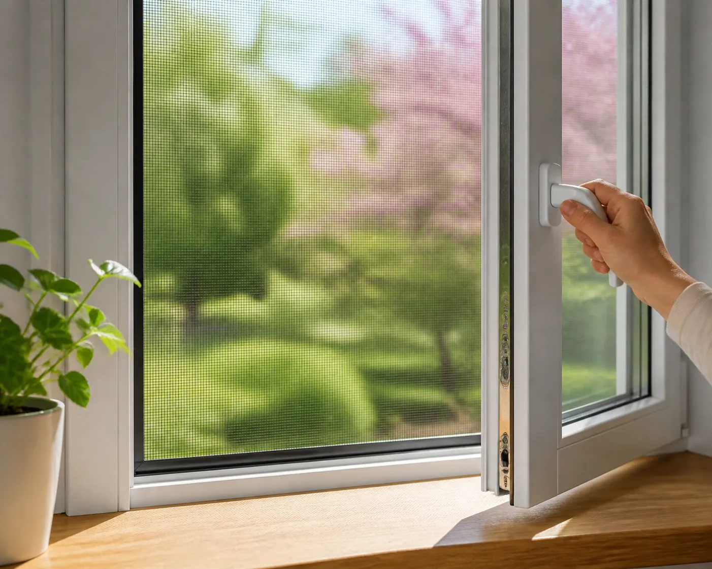 Newly repaired window screen on a white frame with sunlight filtering through, part of May home maintenance.