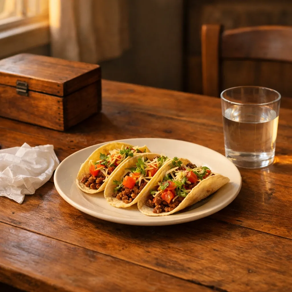 Homemade tacos and a wooden phone box on a kitchen table at sunset, showing a handyman's effort at family connection.