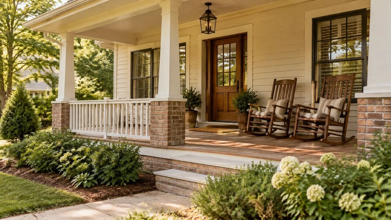 A welcoming, well-cared-for home exterior with a covered front porch and two rocking chairs